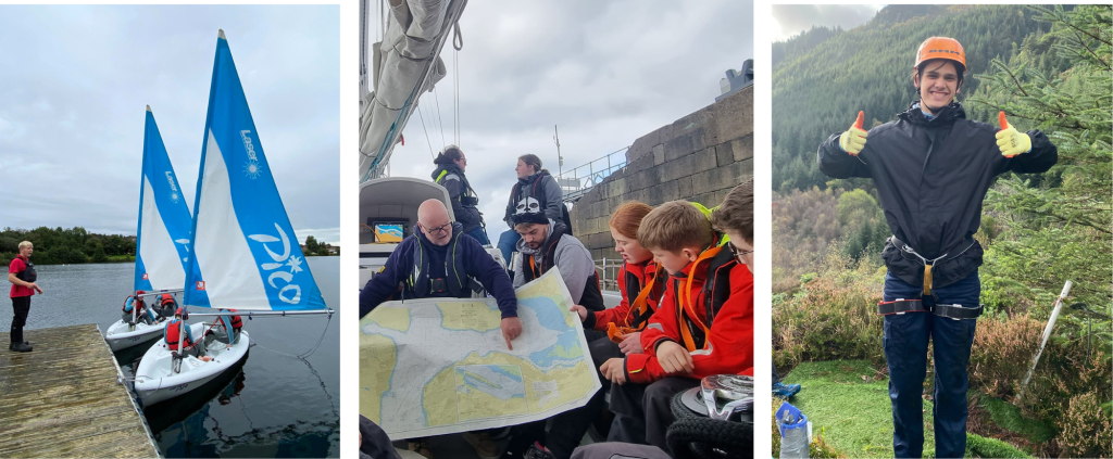 Left image: Young people go dinghy sailing on a small loch. Centre: A volunteer shows young people where they will be sailing on a map Right: A young person gives the thumbs up as he waits to abseil down a crag