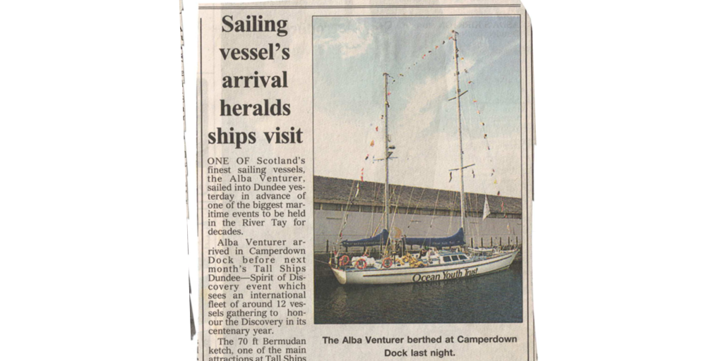 A scan of a newspaper clipping from 2001 with the title 'Sailing vessel's arrival heralds ships visit'. To the right of the column is a picture of Alba Venturer berthed at Camperdown.